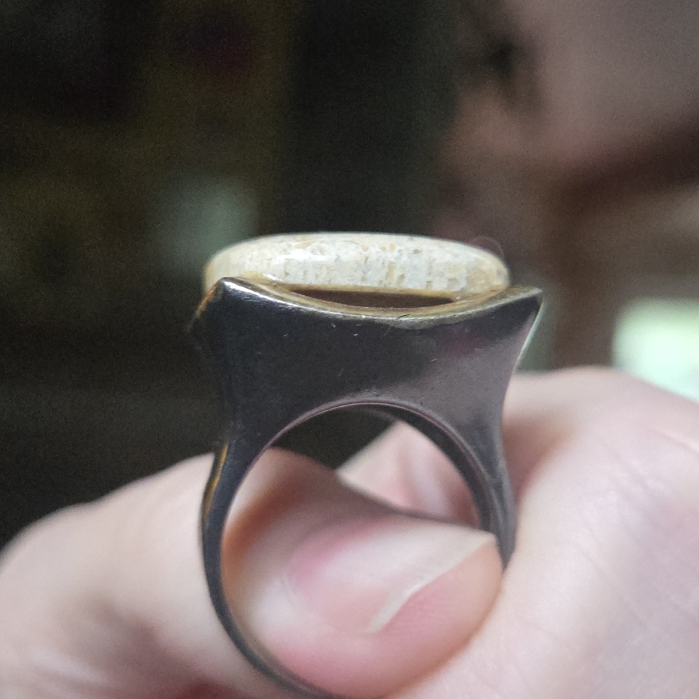 Coral Fossil Stone sterling rhodium & gold Ring sz9 - Picture 6 of 8